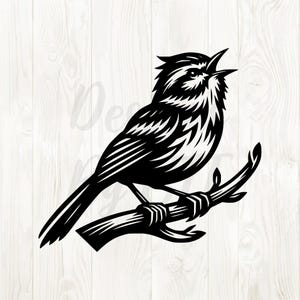 May include: A monochrome illustration of a songbird perched on a branch. The bird is shown with detailed feather patterns and an open beak, as if singing. The branch has leaves and is intricately designed.