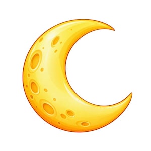 May include: A bright yellow crescent moon illustration featuring a textured surface with various circular craters and indentations, rendered in a cartoon style with smooth gradients and a distinct orange outline.