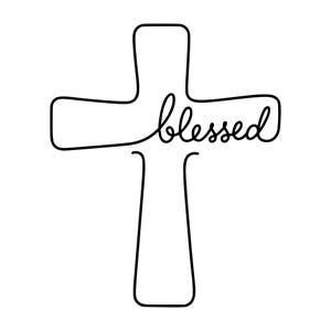 May include: A black line art illustration of a Christian cross on a white background. The word blessed is written in a cursive script font, integrated into the horizontal bar of the cross, forming a continuous line design with rounded edges.