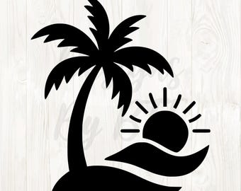 May include: Black silhouette of a tropical scene featuring a palm tree, a setting sun, and a small island. The sun is partially obscured by the island, with rays extending outwards. The image evokes a sense of relaxation and vacation.