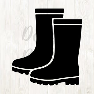 May include: Black rubber boots with white trim, depicted in a simple, graphic style. The boots are side-by-side, suggesting a pair. The design is clean and modern, suitable for various applications.
