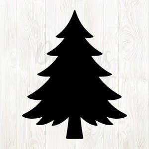 May include: A black silhouette of a Christmas tree against a white wood grain background. The tree has a triangular shape with layered branches and a pointed top, perfect for holiday crafts and decorations.