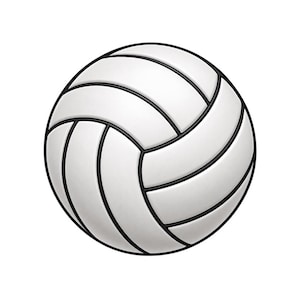 Op de afbeelding: Een witte volleybal met een reeks gebogen panelen gescheiden door duidelijke zwarte naden. De bolvormige bal heeft een glad oppervlak en een symmetrisch ontwerp, waarbij de panelen in een klassiek patroon zijn gerangschikt.