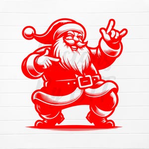 Könnte beinhalten: Rote Illustration des Weihnachtsmanns in einer dynamischen Pose, mit einer Hand zeigend und mit der anderen eine Rock'n'Roll-Geste machend. Der Weihnachtsmann trägt seinen traditionellen Anzug und Hut mit weißem Bart und Schnurrbart. Festliches Thema.