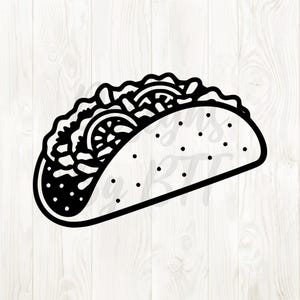 May include: A black and white illustration of a taco, featuring a filled tortilla with visible ingredients. The taco shell has a dotted pattern. The filling includes visible lettuce, tomatoes, and other toppings. The image is a simple, graphic design.