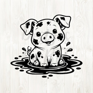 May include: A black and white illustration of a smiling piglet with black spots, sitting in a puddle of mud. The piglet has large eyes and ears, and the image is a cartoon style.