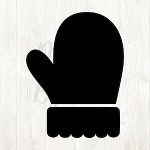 May include: A black mitten silhouette with a white trim and a scalloped edge. The mitten is a winter accessory, designed to keep hands warm in cold weather. The design is simple and graphic.