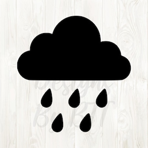 May include: A black cloud with five raindrops falling below it. The cloud has a rounded shape, and the raindrops are teardrop-shaped. The design is a simple, graphic illustration, perfect for weather-themed projects.