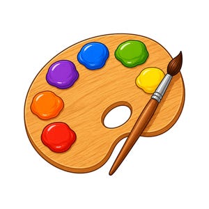 Könnte beinhalten: Eine ovale Künstlerpalette aus Holz mit sechs verschiedenen Farbtupfern in Rot, Orange, Violett, Blau, Grün und Gelb. Ein Holzpinsel mit einer silbernen Metallzwinge und dunkelbraunen Borsten liegt diagonal auf der Oberfläche der Palette.