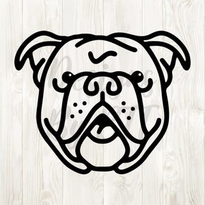 May include: Black line art illustration of a bulldog's face. The design features a detailed outline of the dog's head, including its ears, eyes, nose, and mouth. The bulldog's face is centered, with a symmetrical and stylized appearance.