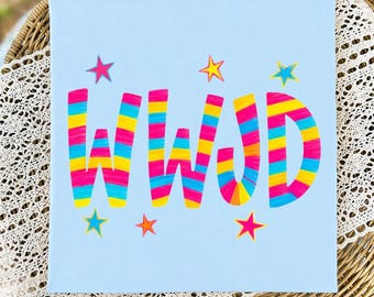 WWJD PNG, ¿Qué haría Jesús? Diseño de camiseta cristiana colorida, fondo transparente, uso comercial, descarga instantánea.