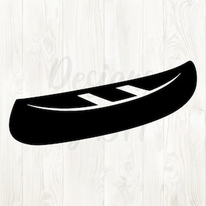 May include: A black canoe silhouette with two white rectangular seats. The canoe is depicted on a white wooden background. The design is simple and suitable for various applications.