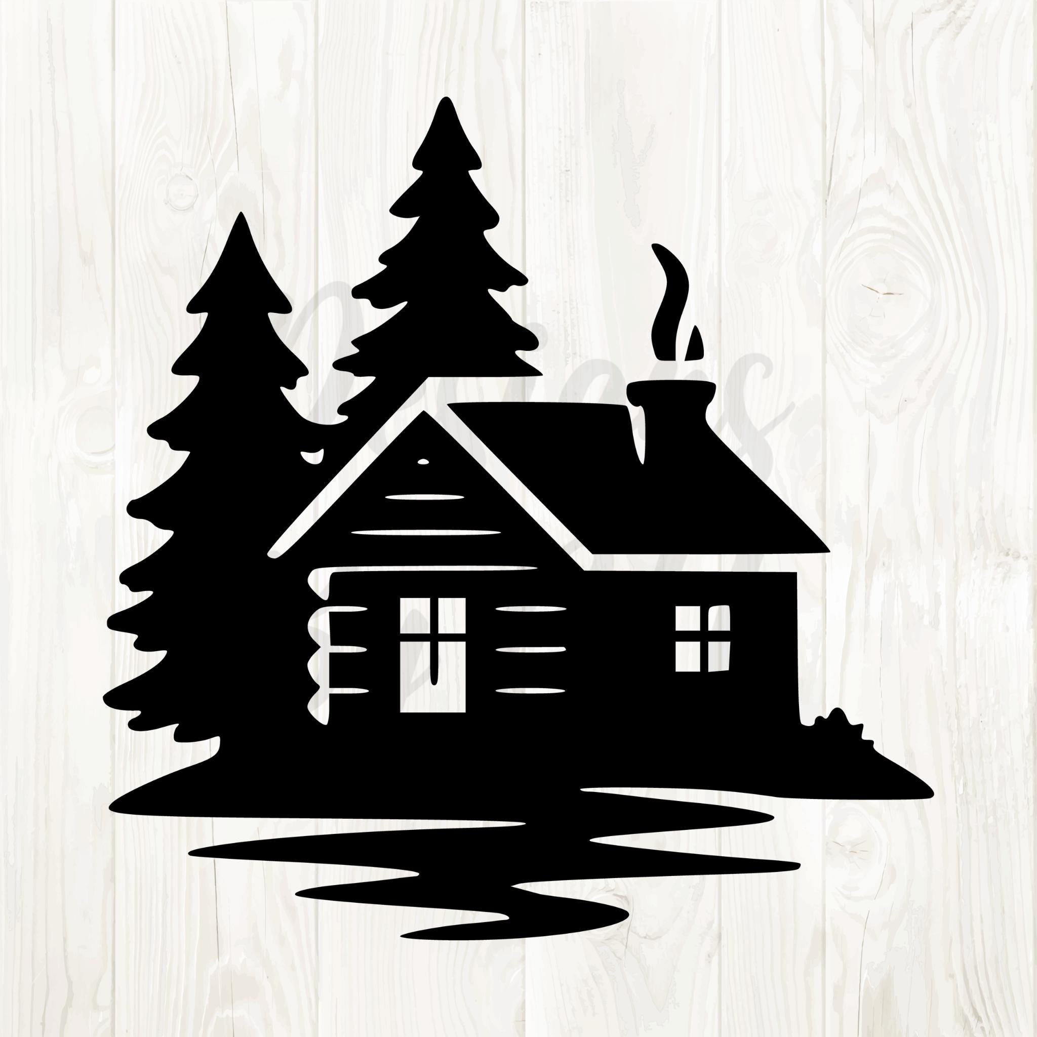 Scène de cabane svg, image png de silhouette de cabine, cabane dans les bois svg, clipart cabine, contour de la cabine svg, cabane dans la forêt svg,