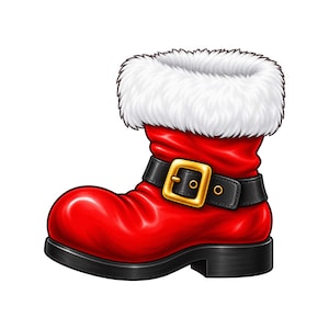 May include: A bright red boot featuring a thick white faux fur cuff at the top. The boot is accented with a black strap across the midsection, which is secured by a prominent, shiny gold-colored buckle. The sole of the boot is solid black.