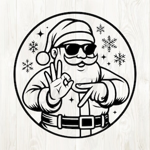 May include: A black and white illustration of Santa Claus wearing sunglasses, making an 'okay' hand gesture, and pointing. The image is framed in a circle with snowflakes and stars, ideal for Christmas-themed products.