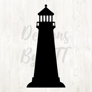 May include: A black silhouette of a lighthouse with a detailed top section, including a small roof and vertical bars. The lighthouse stands tall against a white wooden background. The text "Designs By TT" is faintly visible.