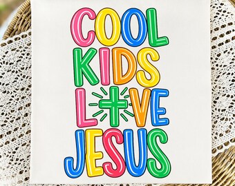 Niños geniales aman a Jesús PNG, diseño colorido de camiseta cristiana para niños por sublimación, fondo transparente, uso comercial, descarga instantánea