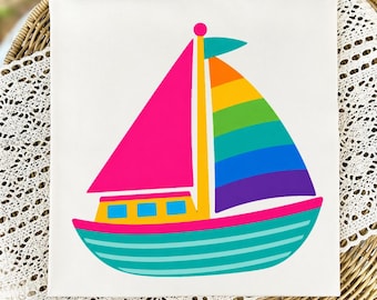 Imágenes prediseñadas de veleros en formato PNG, diseño náutico veraniego de playa con arcoíris colorido para sublimación, fondo transparente, uso comercial, descarga instantánea.