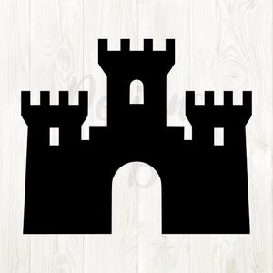 May include: A black silhouette of a castle with three towers and a large arched entrance. The castle has rectangular crenellations on the towers and a rectangular window on the central tower. The image is a simple, graphic representation of a medieval castle.