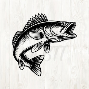 Op de afbeelding: Zwart-wit illustratie van een springende vis met open bek. De vis heeft gedetailleerde schubben, vinnen en een opvallende rugvin. De achtergrond is een licht houtnerfpatroon.