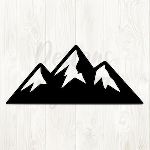 May include: A black mountain range silhouette with three peaks. The mountain tops have white accents, suggesting snow or ice. The design is set against a light wood grain background.