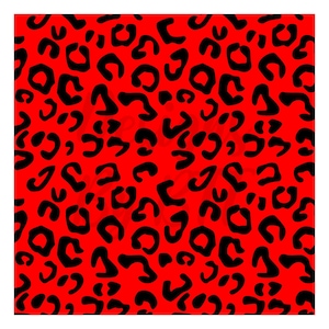 May include: Red background with a black leopard print pattern.