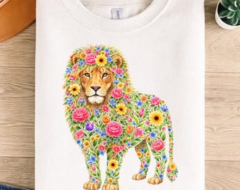 León floral png, ilustración floral de león, descarga digital de imágenes prediseñadas de león colorido, silueta de león, diseño de león, león digital, descarga de león