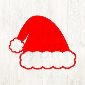 May include: A red Santa hat with a white, fluffy trim. The hat is a classic Christmas design, perfect for holiday crafts and decorations. The hat is set against a white wood grain background.