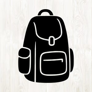 Puede incluir: Ilustración de una mochila negra con contornos blancos. Cuenta con un asa superior, un cierre de solapa, un bolsillo frontal y dos bolsillos laterales. El diseño es sencillo y adecuado para diversos usos.