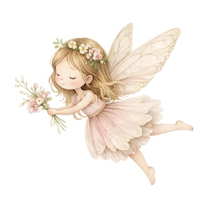 Peut inclure: Illustration à l'aquarelle d'une fée aux cheveux blonds, avec une couronne de fleurs et des ailes délicates. La fée porte une robe rose et tient un bouquet de fleurs roses. L'image a une esthétique douce et fantaisiste.