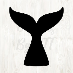 May include: A black whale tail silhouette against a white wood grain background. The tail is symmetrical with two curved flukes. The design is simple and graphic, suitable for various applications.