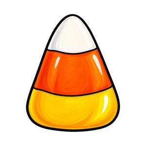 May include: A triangular candy corn illustration featuring a white pointed top, a vibrant orange middle section, and a bright yellow base. The graphic has a thick black outline and includes white highlights to create a glossy, smooth appearance.