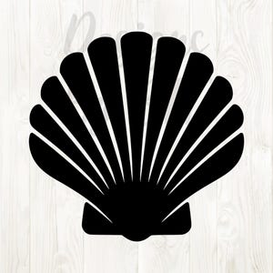 May include: A black seashell silhouette with a fan-like design. The shell has a rounded top and a flat base, with vertical lines radiating from the base to the top. The background is a light wood grain pattern.