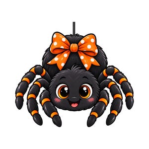 May include: A cartoon spider with black fur and orange stripes on its eight legs. The spider has large orange eyes, a smiling mouth, and pink cheeks. An orange bow with white polka dots is attached to the top of its head, and a thin black line extends upward.