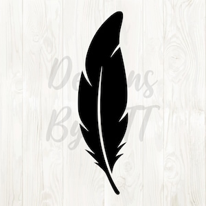 May include: A black feather silhouette against a white wood-grain background. The feather has a central quill and detailed barbs. The image has the text "Designs By TT" in a light gray, cursive font.