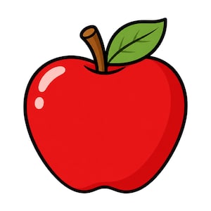 Op de afbeelding: Een illustratie van een felrode appel met een gladde, ronde vorm en een dikke zwarte omlijning. De vrucht heeft een bruine steel en een enkel groen blaadje aan de bovenkant, met een lichtroze highlight aan de linkerkant voor diepte.