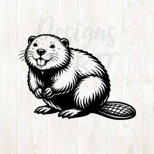 May include: Black and white illustration of a beaver with a happy expression. The beaver is sitting upright, with its paws clasped together. The image has a detailed, hand-drawn style, with visible fur and a large, flat tail. The background is a light wood grain.