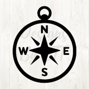 May include: Black compass design with the cardinal directions N, E, S, and W. The compass has a circular frame with a loop at the top. The compass rose is a star shape. The design is on a white wood grain background.
