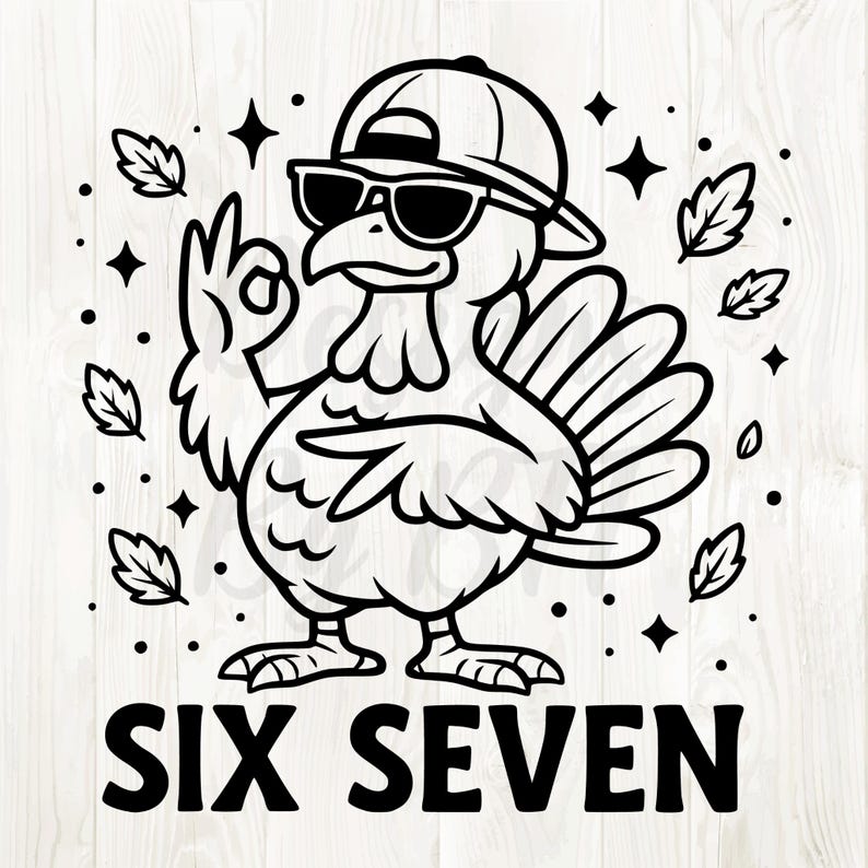 May include: Black and white graphic of a turkey wearing sunglasses and a backwards baseball cap, giving an "okay" hand gesture. The text "SIX SEVEN" is at the bottom, with leaves and stars around the turkey.