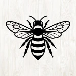 May include: A black and white illustration of a bee with outstretched wings. The bee has a striped abdomen and detailed wings, set against a white wood grain background. The image is a graphic design of an insect.