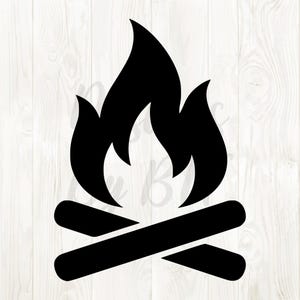 May include: A black and white illustration of a campfire. The flames are stylized with pointed tips, rising above two crossed logs. The design is simple and graphic, suitable for various applications.