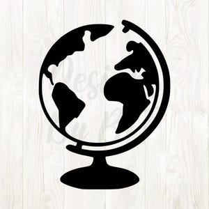 May include: A black and white globe illustration. The globe is a simplified representation of the Earth, with continents and oceans depicted in solid black. It is mounted on a stand, and the design is suitable for educational or decorative purposes.