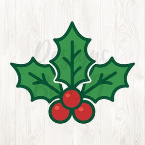 以下が含まれることがあります： 3つの赤い実と3枚の緑の葉が付いたヒイラギの小枝のベクターイラスト。葉は濃い緑色の輪郭で、実は赤い輪郭です。背景は白い木目です。