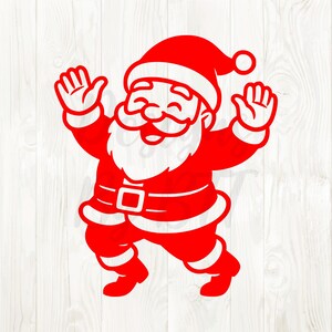 Könnte beinhalten: Eine rote Silhouette des Weihnachtsmanns mit erhobenen Armen als Willkommensgeste. Er trägt einen Weihnachtsmannhut, einen Gürtel mit quadratischer Schnalle und Stiefel. Das Bild ist ein festliches Design, perfekt für weihnachtliche Bastelarbeiten oder Dekorationen.