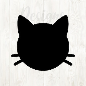 May include: A black cat face silhouette with pointed ears and whiskers. The cat's head is round, and the whiskers extend horizontally from the cheeks. The design is simple and graphic, suitable for various applications.