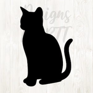 May include: A black silhouette of a cat in a seated position, with its tail curved. The cat is facing left, with its ears and head clearly defined. The background is a light wood grain pattern.