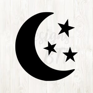 May include: A black crescent moon and three five-pointed stars. The celestial design is a simple, graphic illustration, perfect for various craft projects or home decor.