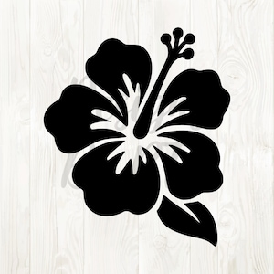 May include: A black hibiscus flower silhouette with detailed petals, stamen, and a single leaf. The flower is centered against a white, wood-grain background, creating a striking contrast. This design is suitable for various craft projects.
