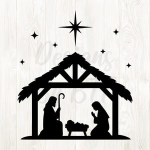 May include: Black silhouette of a Nativity scene. Depicted are Joseph, Mary, and baby Jesus in a manger, under a star and a rustic shelter. Several stars are scattered around the scene, creating a peaceful, religious theme.