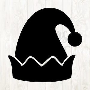 Puede incluir: Silueta negra de un gorro de elfo. El gorro tiene una parte superior puntiaguda con una bolita y un borde en zigzag en la base. El diseño es sencillo y festivo, perfecto para manualidades o decoraciones navideñas.
